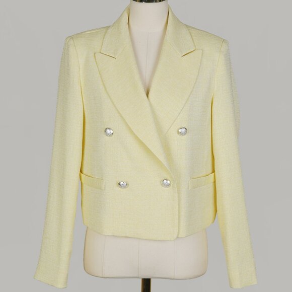 NWT Ode Butter Yellow Tweed Silver Button Cropped Light Blazer - Picture 4 of 8